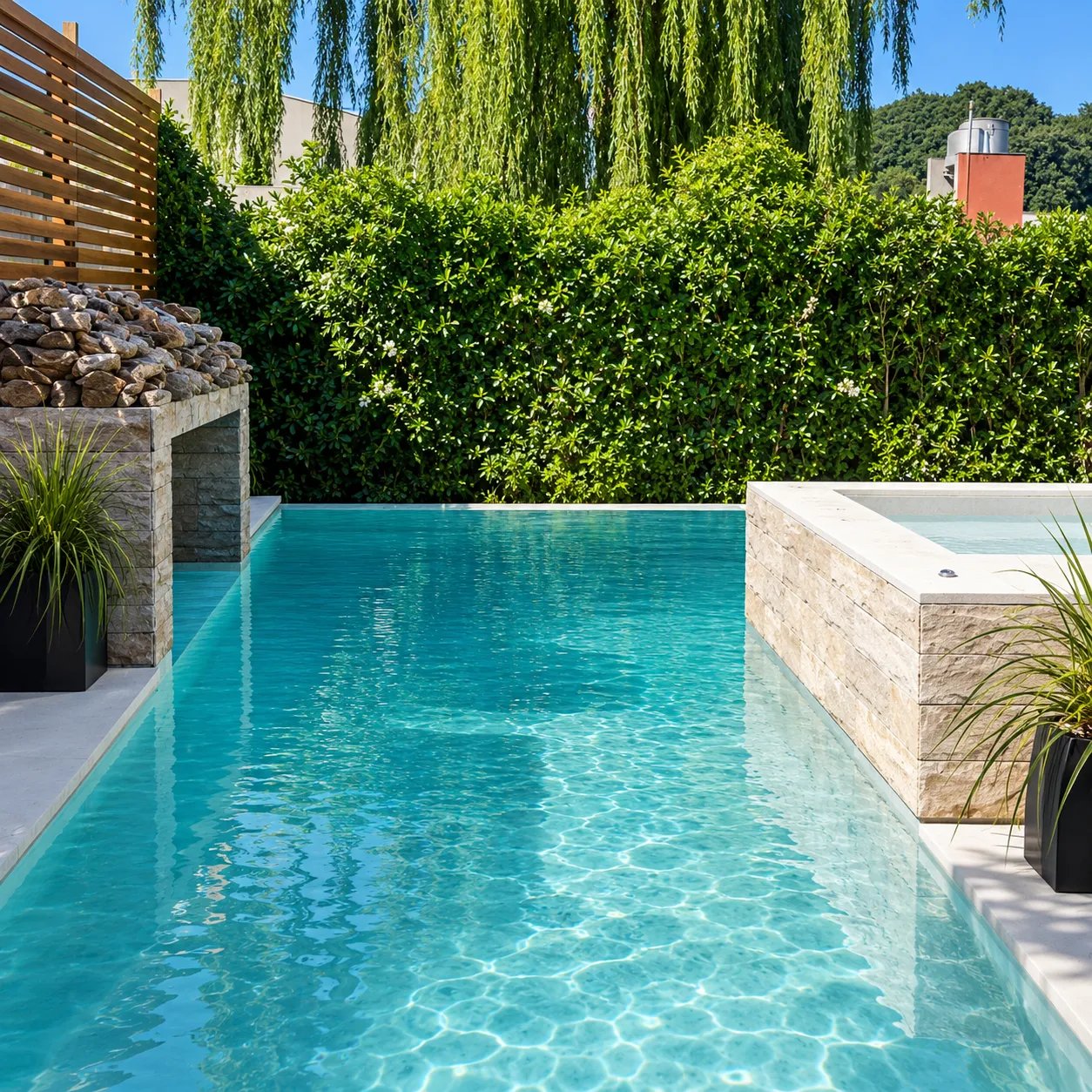 Nuestra pileta: agua turquesa, borde de piedra y jacuzzi elevado, rodeada de verde